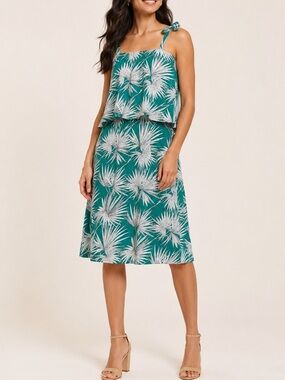 Anthropologie hd in Paris green fanned palm tie shoulder dress